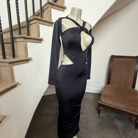 OH POLLY Black Cut Out Maxi Dress US 6 Sexy Bodycon Long Sleeve Evening Party - Picture 2 of 10